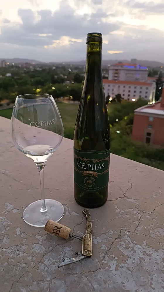 Botella de Cephas y una copa en una terraza, al atardecer
